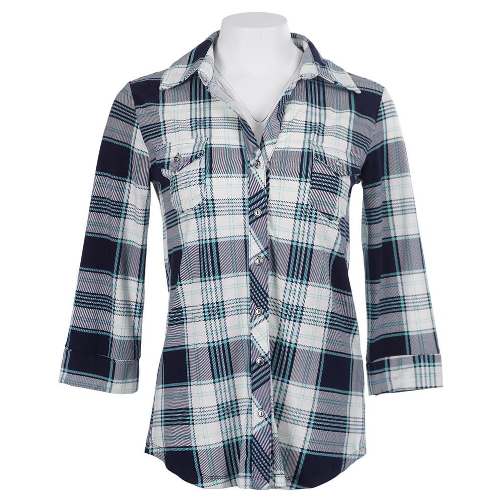 NWT Market & Spruce Balsman Top S Blue Green Plaid 3/4 Sleeve Stitch Fix